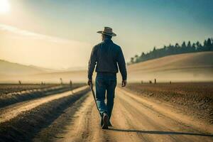 un hombre en un vaquero sombrero camina abajo un suciedad la carretera. generado por ai foto