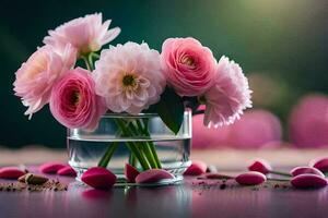 pink flowers in a glass vase on a table. AI-Generated photo