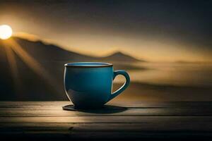 coffee cup on the table, sunrise, mountains, sunrise, the sun, the sky,. AI-Generated photo