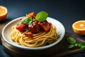 spaghetti with tomato sauce and basil leaves on a plate. AI-Generated photo