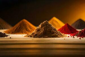 a variety of spices in a pyramid shape. AI-Generated photo