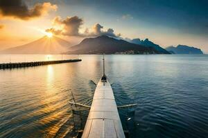 a boat is docked at the end of a pier in the water. AI-Generated photo