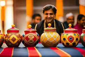 a man is sitting in front of a table with colorful pots. AI-Generated photo