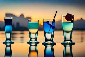 four glasses with different colored drinks on a table. AI-Generated photo