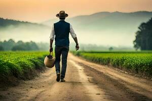 un hombre en un sombrero y chaleco caminando abajo un suciedad la carretera. generado por ai foto