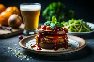 a plate with a stack of food and a glass of beer. AI-Generated photo