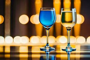 two glasses of wine with blue and yellow liquid. AI-Generated photo