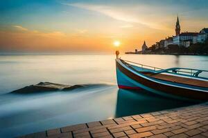 a boat sits on the shore at sunset. AI-Generated photo