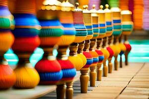 colorful wooden stools lined up in a row. AI-Generated photo
