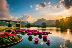 the sun rises over the lake and the lotus flowers. AI-Generated photo
