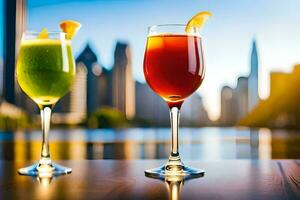 dos lentes de bebidas con ciudad horizonte en el antecedentes. generado por ai foto