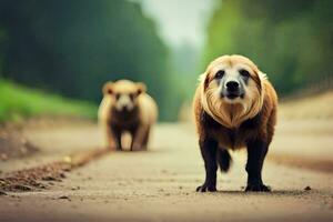 two brown bears walking down a road. AI-Generated photo