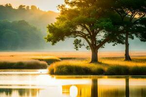 a tree stands in the middle of a lake at sunrise. AI-Generated photo