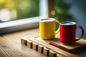two coffee cups on a wooden tray with a pen. AI-Generated photo