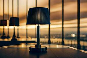 a table lamp is sitting on a table in front of a window. AI-Generated photo