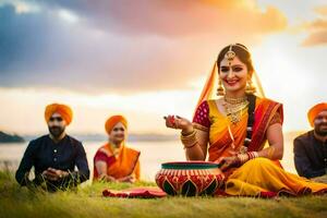 indio novia en tradicional atuendo sentado en césped con su familia. generado por ai foto