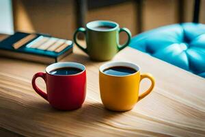 dos café tazas en un de madera mesa. generado por ai foto