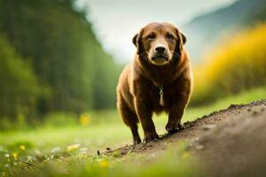 a brown dog is standing on a dirt road. AI-Generated photo