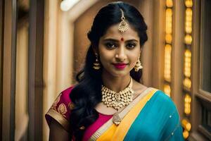 a beautiful indian woman in a colorful sari. AI-Generated photo