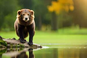a brown bear standing on a log in the water. AI-Generated photo