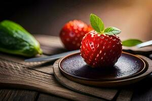 dos fresas en un plato con un cuchillo y tenedor. generado por ai foto