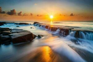 the sun rises over the ocean and waves crashing into rocks. AI-Generated photo
