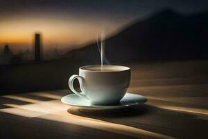 a cup of coffee on a table with a view of the city. AI-Generated photo