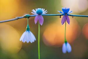 two blue and pink flowers on a branch. AI-Generated photo