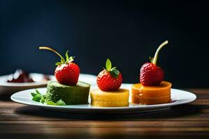 three small cakes with strawberries on top. AI-Generated photo