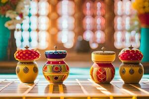 colorful vases on a table with colorful decorations. AI-Generated photo