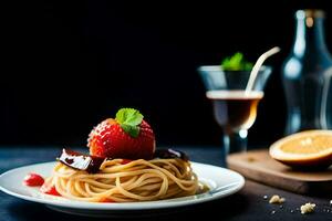 un plato de espaguetis con fresas y chocolate. generado por ai foto