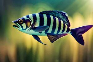 un pescado con negro y blanco rayas es nadando en el agua. generado por ai foto