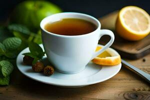 a cup of tea with lemon and mint leaves. AI-Generated photo