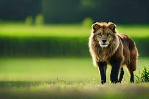 un león en pie en el césped con un verde antecedentes. generado por ai foto