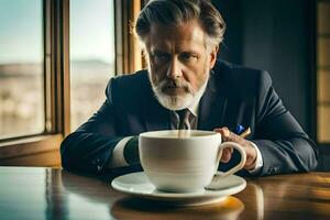 a man in a suit and tie sitting at a table with a cup of coffee. AI-Generated photo