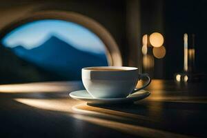 a cup of coffee sits on a table in front of a window. AI-Generated photo