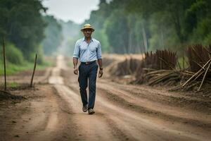 a man in a hat walks down a dirt road. AI-Generated photo