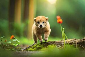 a puppy is walking in the woods. AI-Generated photo