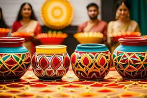 colorful pots on a table with people in the background. AI-Generated photo