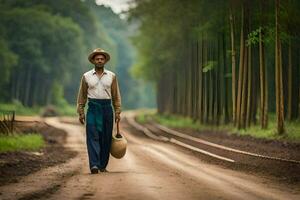 a man in a hat and shirt walking down a dirt road. AI-Generated photo