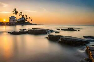 a sunset over the ocean with rocks and palm trees. AI-Generated photo