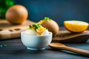 a bowl of eggs with cheese and parsley. AI-Generated photo