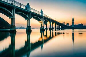 un puente abarcando terminado agua a puesta de sol. generado por ai foto