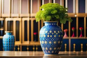 a blue vase with flowers on a wooden table. AI-Generated photo