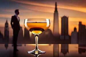 a cocktail glass with a man in a suit standing in front of the city skyline. AI-Generated photo