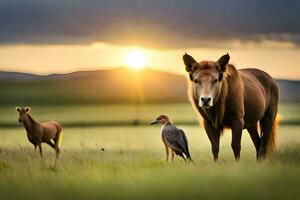 a horse and two birds in a field at sunset. AI-Generated photo