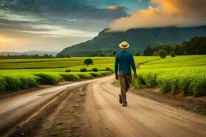 un hombre camina en un suciedad la carretera en un campo. generado por ai foto