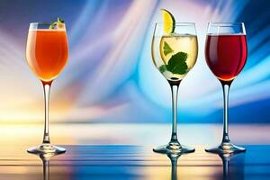 three glasses of different colored drinks on a table. AI-Generated photo