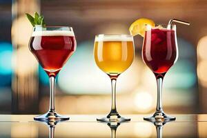 three different types of alcoholic drinks are lined up on a bar. AI-Generated photo