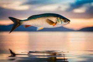 a fish is flying over the water at sunset. AI-Generated photo